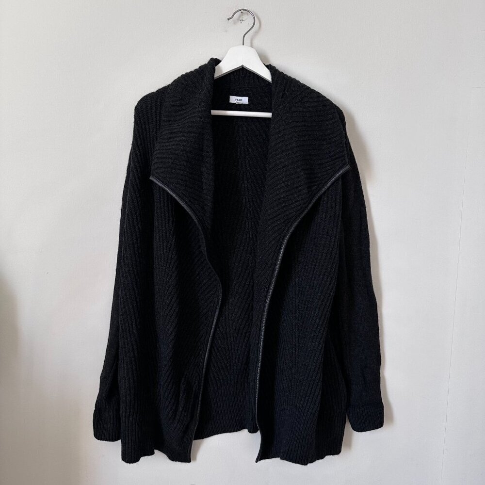 Vince Yak Wool Open Front Cardigan Leather Trim Black Size Small